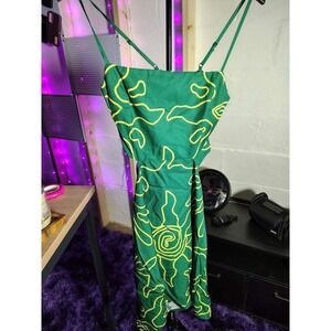 SHEIN Green‎ Yellow Abstract Swirl Print Tie Front Crop Top Skirt Set Women S